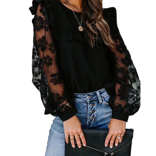 Woman Mesh Patchwork Round Neck Long Sleeve Blouse Tops Fashion Black Lace Transparent Flower Bubble Sleeve Pullover