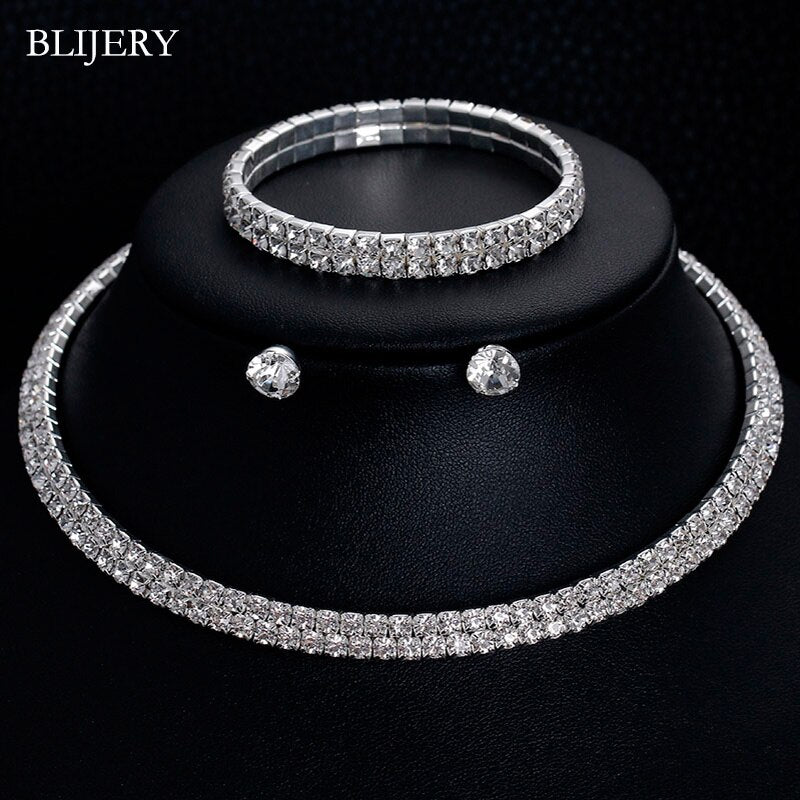 BLIJERY Fashion Crystal Bridal Jewelry Sets Silver Color Geometric Choker Necklace Earrings Bracelet Wedding Jewelry Sets