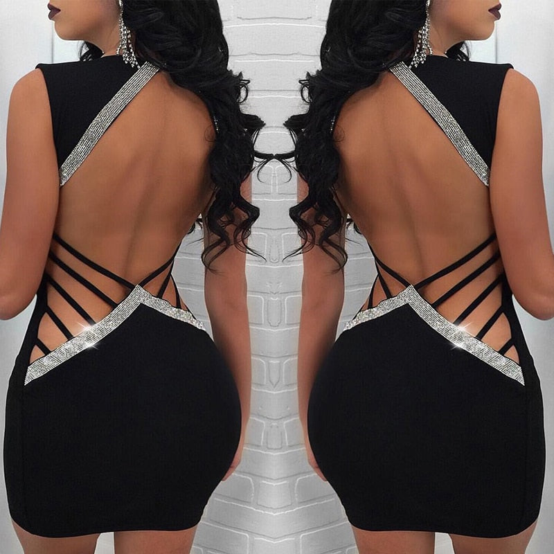 Women Dress Elegant Sexy Ladies Deep V- Neck Sequin Bandage Bodycon Evening Party Short Mini Backless Bandage Sheath Clothing