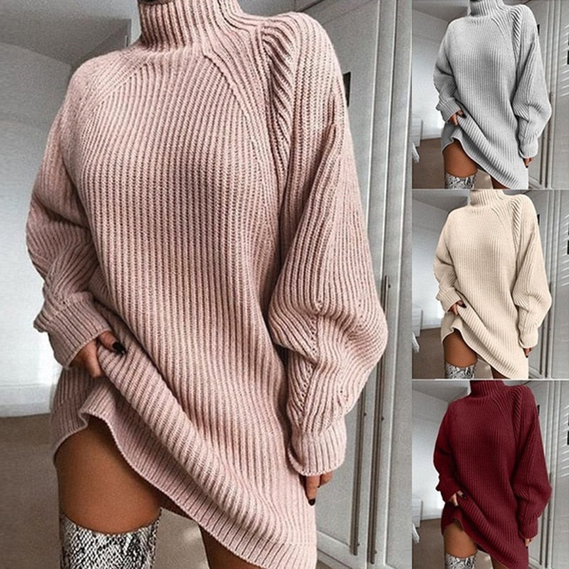 2021 Autumn and Winter New Product Knitwear Mid-length Raglan Sleeve Half Turtleneck Sweater Dress