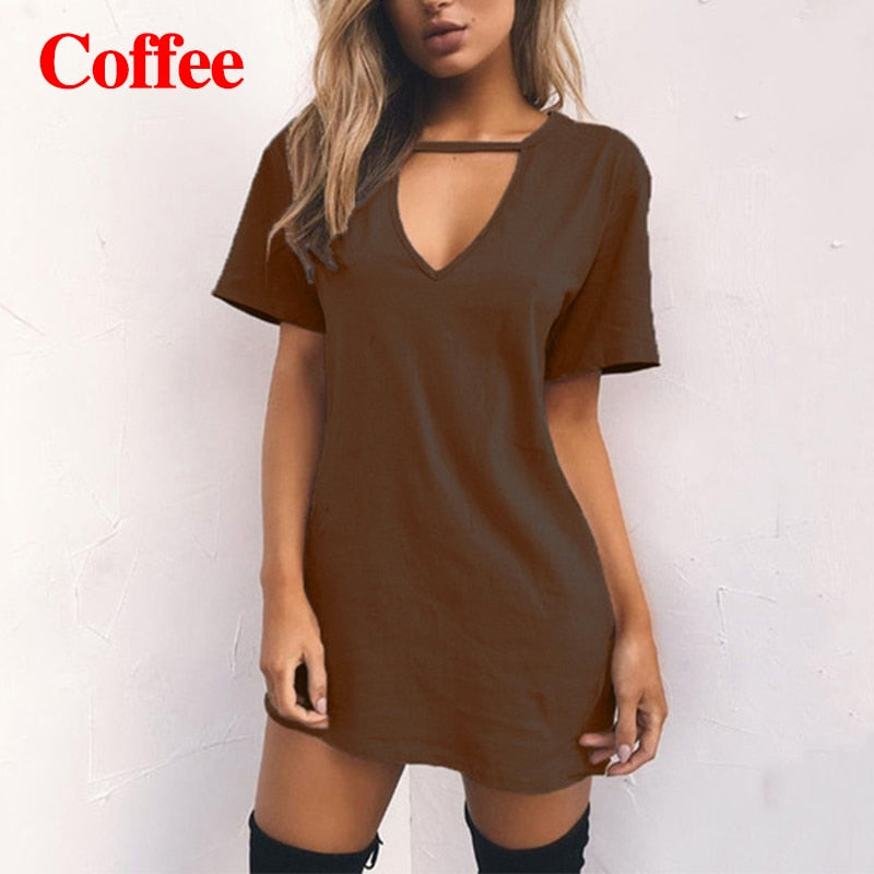 Women Tshirt Dress Choker Deep V-neck Summer Dresses Mini T-Shirt Dress Short Sleeve Ladies Casual Sexy Clothing Dropshipping