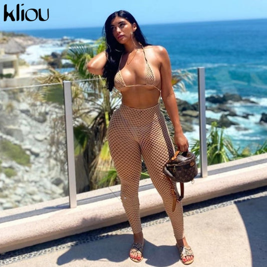 Kliou See Through Hollow Out Sexy Two Piece Set Women Summer Streetwear Fashion Skinny Sexy Sleeveless Halter Bikini Plaid Pants