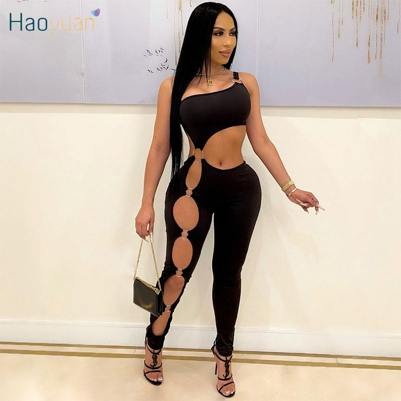 HAOYUAN Sexy One Shoulder Bodycon Jumpsuit Cut Out Birthday Party Outfits for Women Y2k Clothes One Piece Night Club Rompers