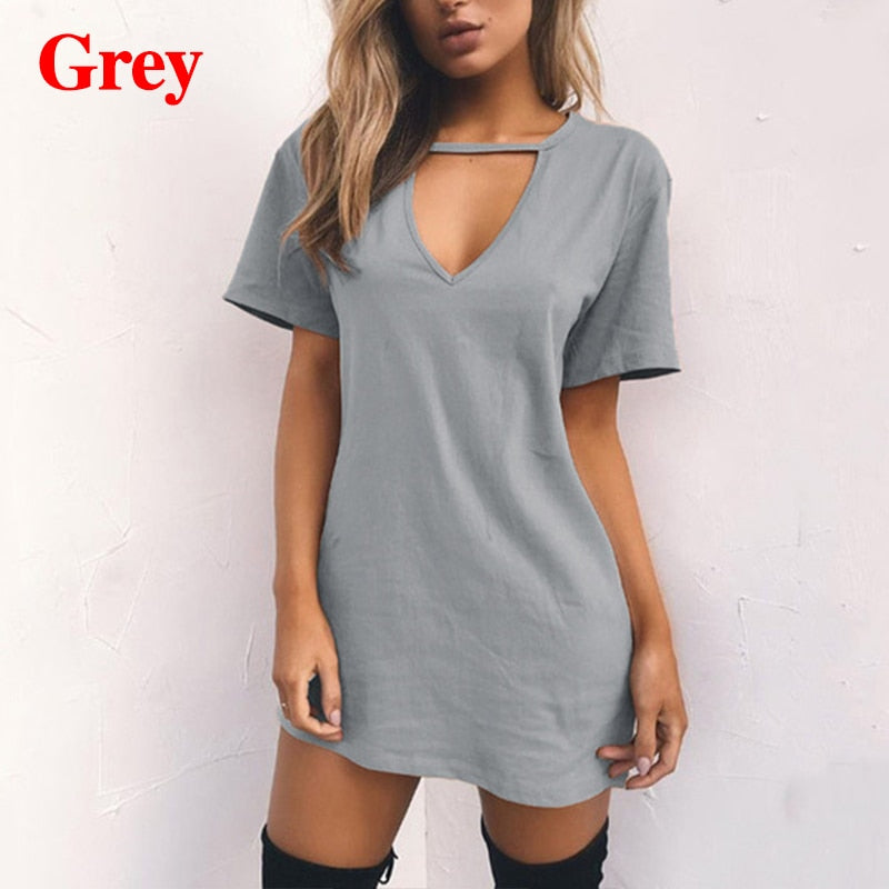 Women Tshirt Dress Choker Deep V-neck Summer Dresses Mini T-Shirt Dress Short Sleeve Ladies Casual Sexy Clothing Dropshipping