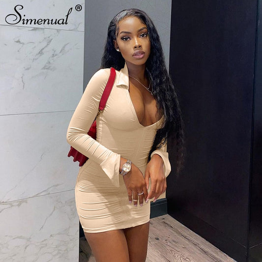 Simenual Ruched V Neck Turn Down Collar Skinny Dress Long Sleeve Fall Spring Sexy Clubwear Birthday Outfit Women Mini Dresses
