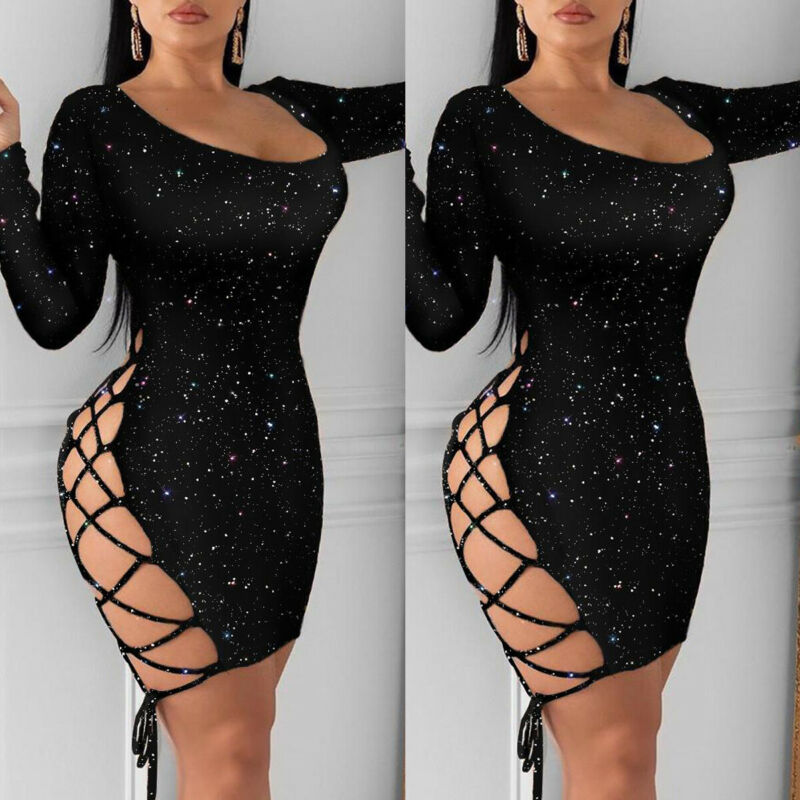 New Spring Sexy Women Dress Gown Black Long Sleeve Sexy Sexy Lady Bodycon Hollow Short Dresses Party Night Club Summer