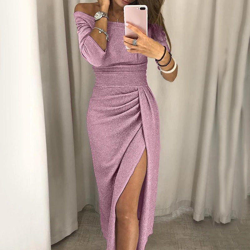 Fashion Elegant Lady Evening Party Dresses 2021 Autumn Women's Clothing Off Shoulder High Waist Sexy Club Slash Neck Midi Dress