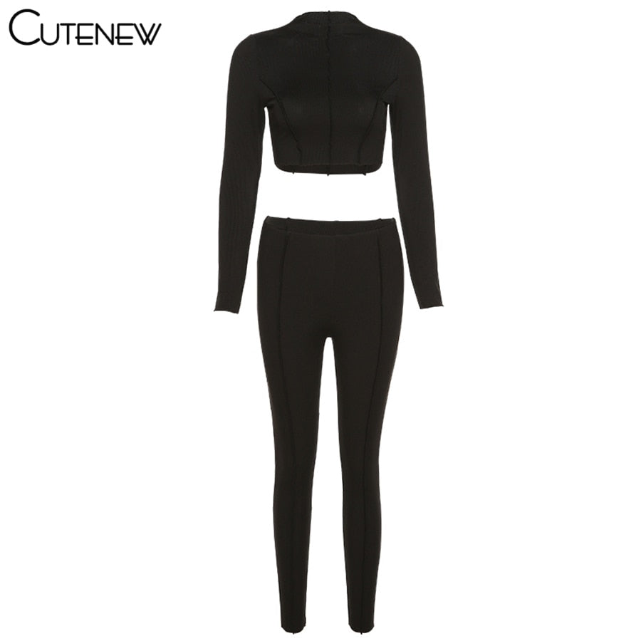 Cutenew Autumn Solid Two Piece Set Women's Outfits Half High Collar Long Sleeve Crop Top+Skinny Leggings Lady Casual Sporty Suit