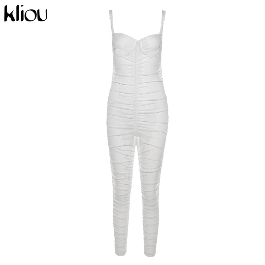 Kliou Y2K Sexy Camis Jumpsuit Women 2021 Mesh Solid Sleeveless Pleated Overall Female Skinny Party Clubwear Summer One Piece