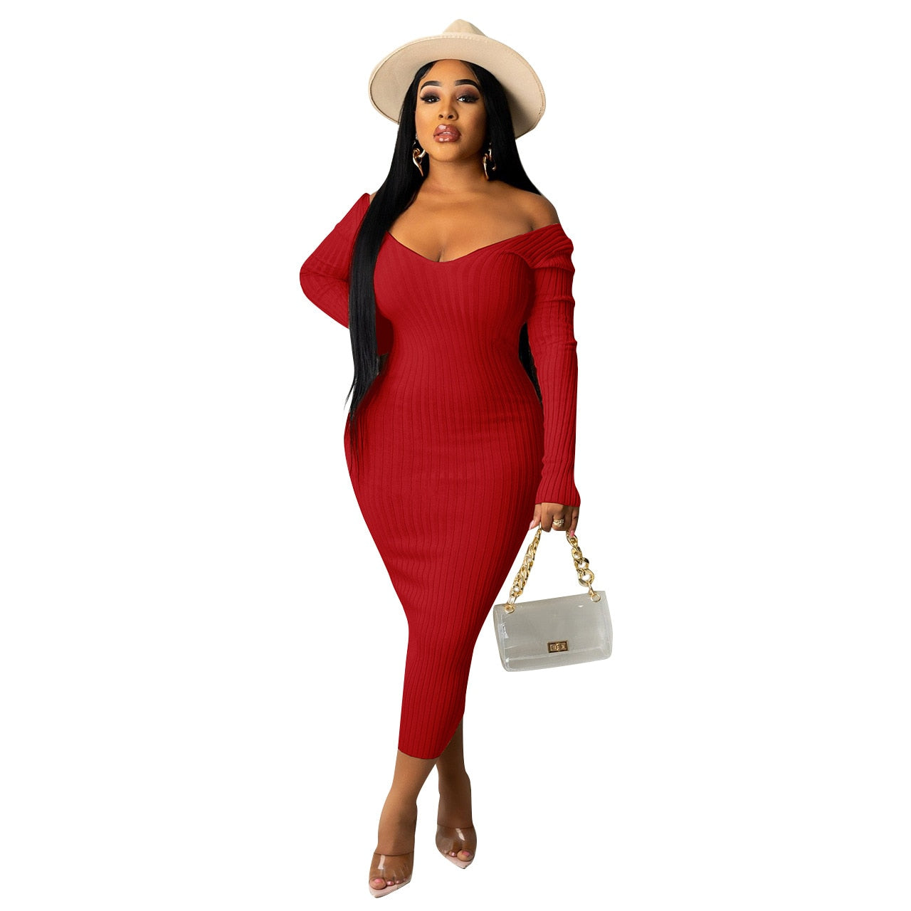 Women Autumn Solid Ribbed Maxi Knitted Dress V Neck Sexy Slim Elastic Basic Long Bodycon Dress Winter Off Shoulder White Dresses