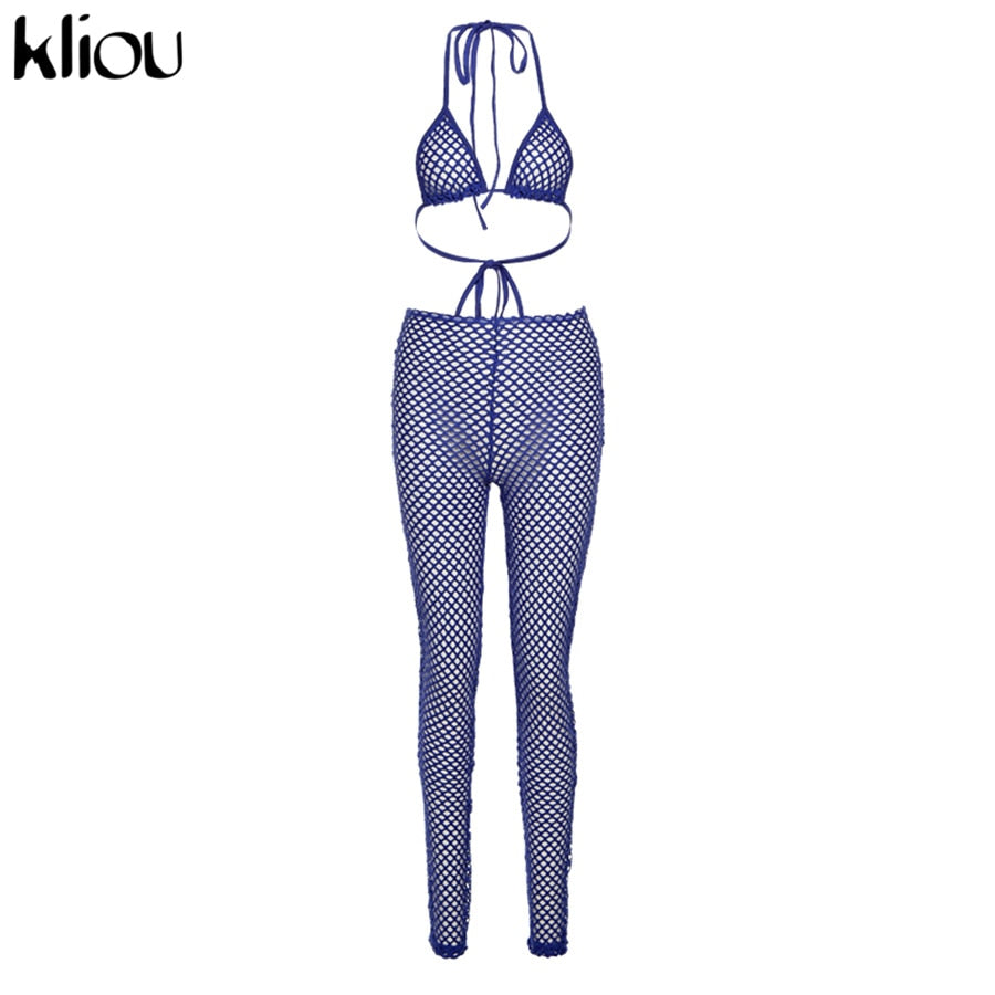 Kliou See Through Hollow Out Sexy Two Piece Set Women Summer Streetwear Fashion Skinny Sexy Sleeveless Halter Bikini Plaid Pants