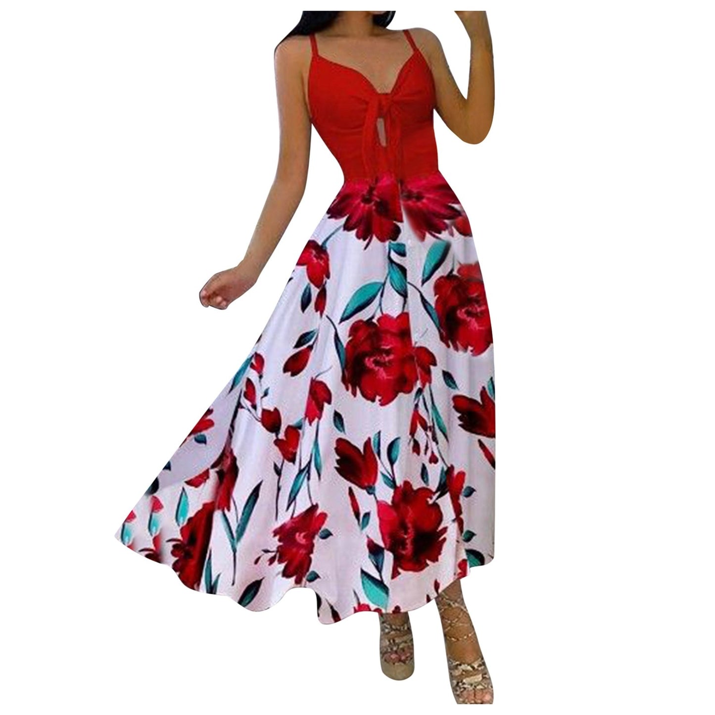 Summer Boho Swing Frenulum Long Dress Women Fashion Daily Beach Holiday Strapless V-Neck Dress Charming  Print Ladies Dress