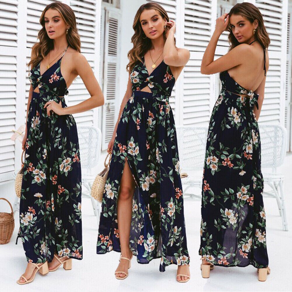 Boho Summer Elegant Floral Halter V Neck Long Dress Women Sexy Bandage Evening Party Dresses Sundress Beach Dress