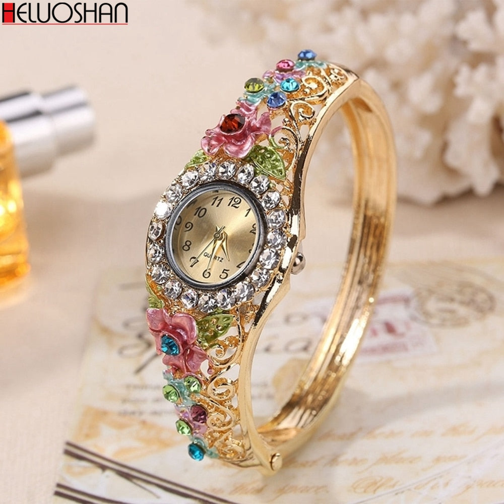 New Golden Luxury Bracelet Watch Lady Flower Design Alloy Band Elegant Women Wristwatch Crystal Female Dress Watch Reloj Mujer