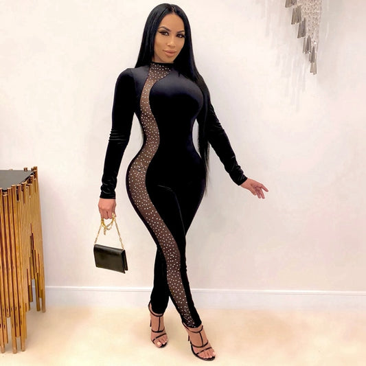 Black Velvet Jumpsuit Women Elegance Rhinestone Patchwork Mesh Bodycon Sexy Jumpsuit Clubwear Woman Jumpsuit Spring 2021 Pants