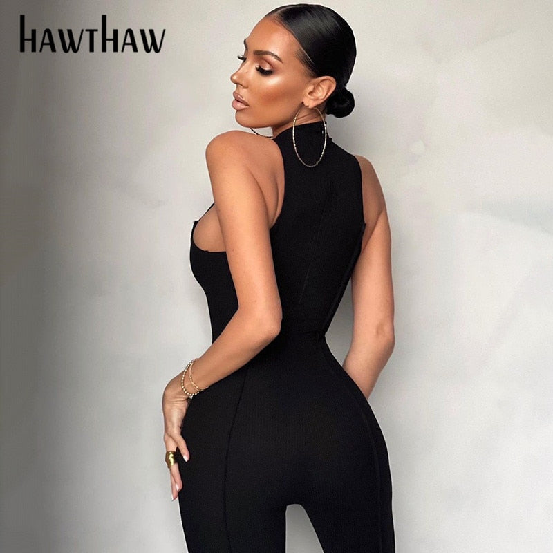 Hawthaw Women Summer Sleeveless Patchwork Bodycon Solid Color Jumpsuit Overall 2021 Female Clothing Streetwear Wholesale Items