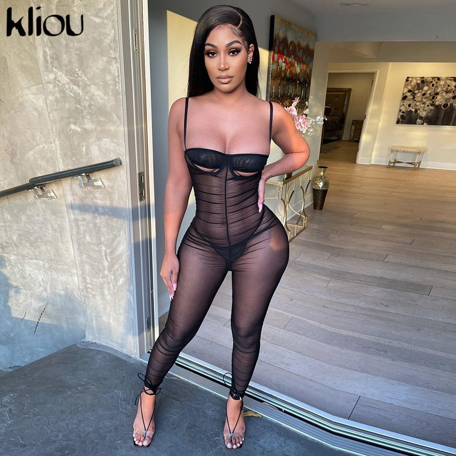 Kliou Y2K Sexy Camis Jumpsuit Women 2021 Mesh Solid Sleeveless Pleated Overall Female Skinny Party Clubwear Summer One Piece