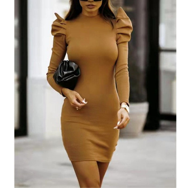 Sexy Office Lady Puff Long Sleeved Vestidos Women's Fashion Solid Color Bodycon Package Hip Party Dress Autumn Slim Fit Dresses