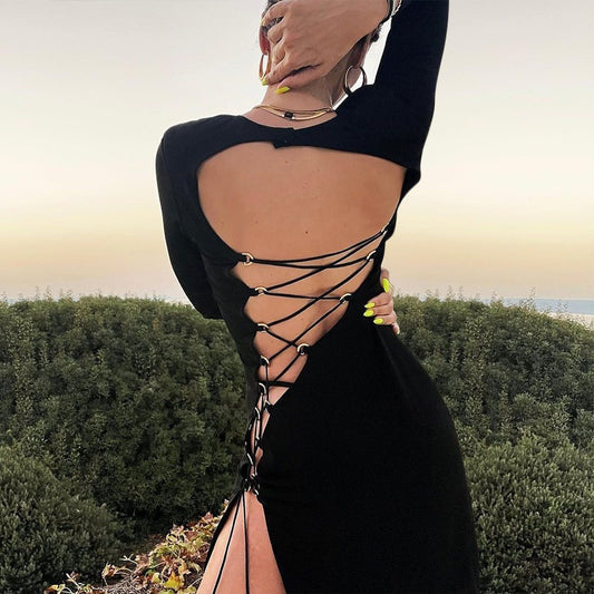 Cryptographic Fall 2021 Fashion Bandage Long Sleeve Sexy Backless Maxi Dress Women Clothing Elegant Club Party Split Dresses