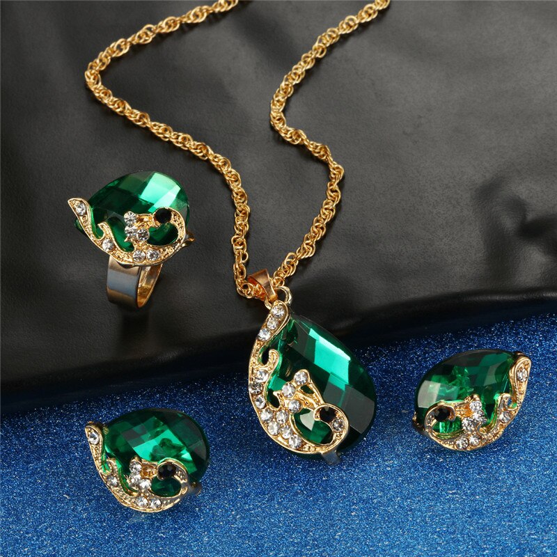 ZOSHI Wedding Jewelry Sets for Women Crystal Gold Chain Peacock Necklace Earrings Set Adjustable Rings 3pcs Jewelry Set