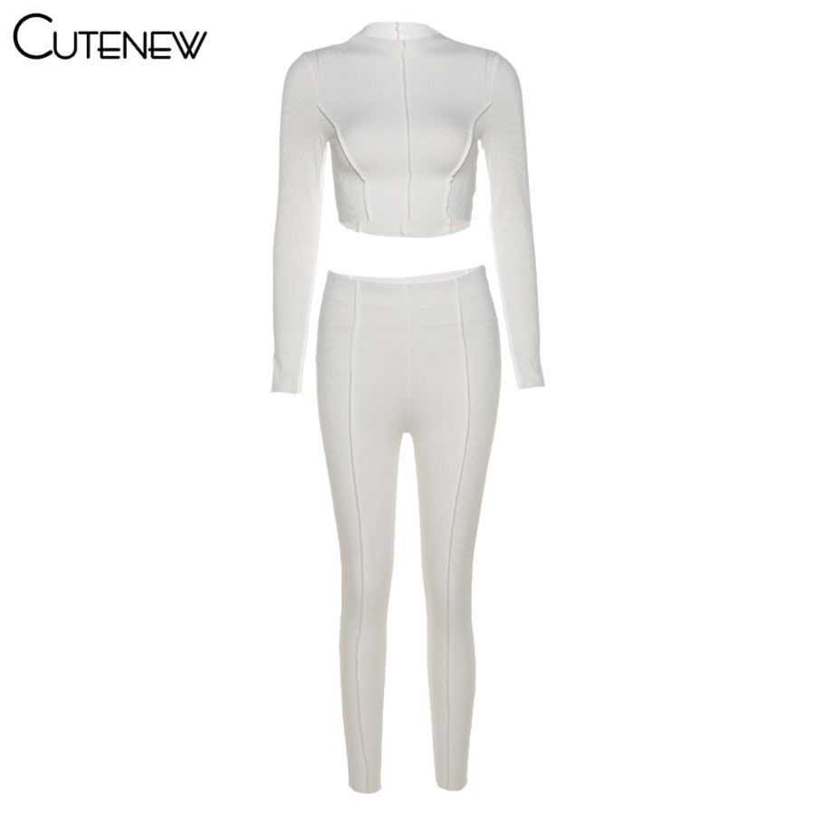 Cutenew Autumn Solid Two Piece Set Women's Outfits Half High Collar Long Sleeve Crop Top+Skinny Leggings Lady Casual Sporty Suit