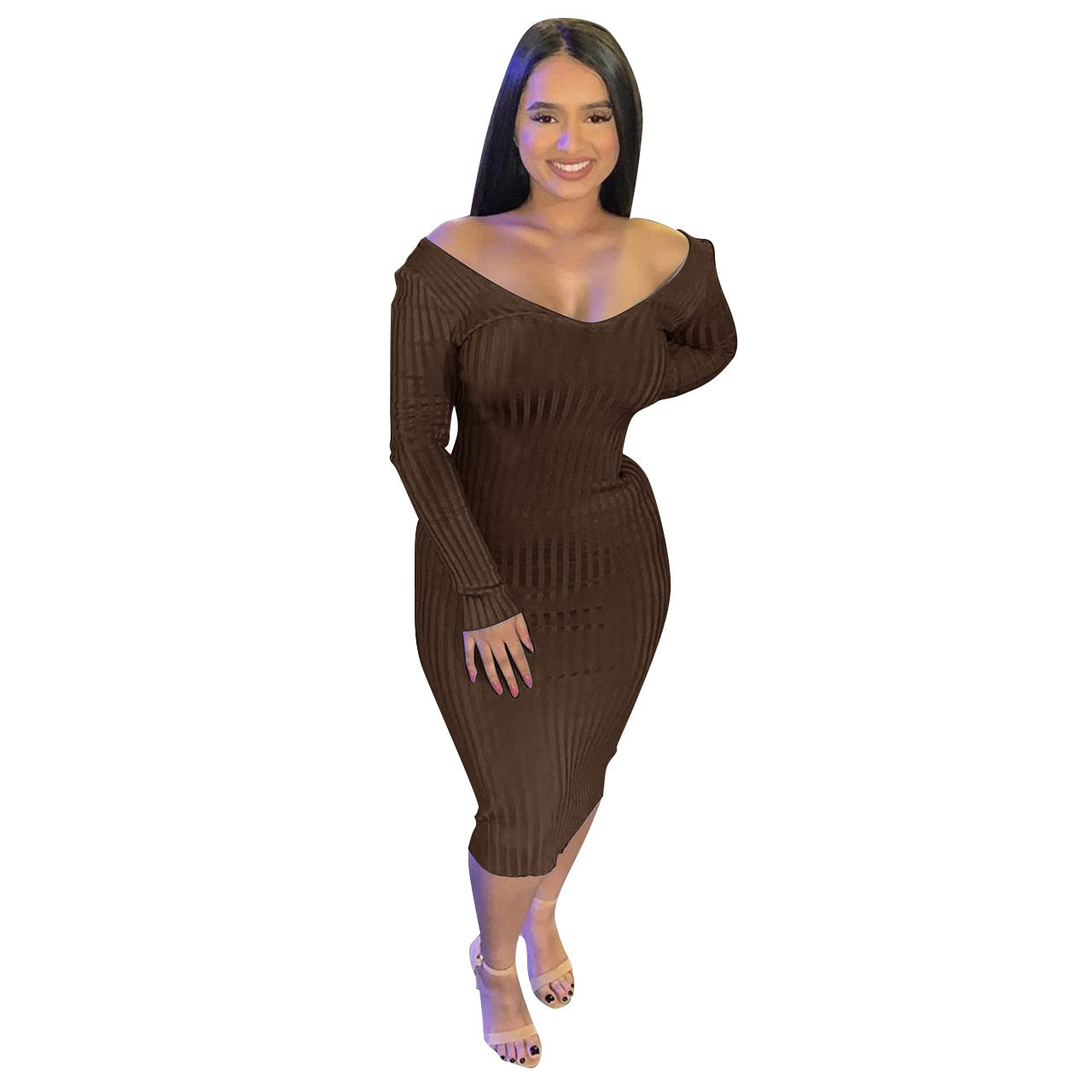 Women Autumn Solid Ribbed Maxi Knitted Dress V Neck Sexy Slim Elastic Basic Long Bodycon Dress Winter Off Shoulder White Dresses