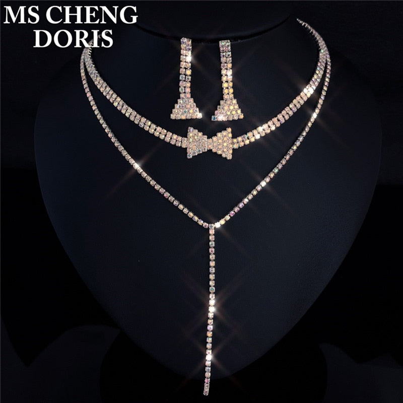 Water Drop Rhinestone Long Pendant Full Crystal Silver Plated Necklace & Earrings Elegant Bridal Wedding Jewelry Set