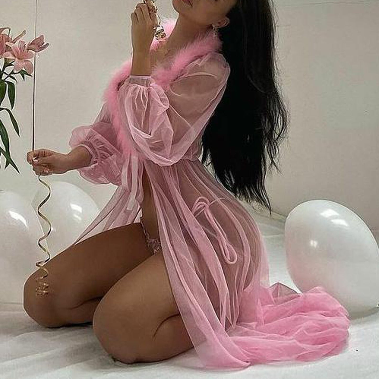 Women Sexy Nightgown Lace Pink White Nightgown Feather Long Robes Ladies Lingerie Erotic Underwear 2021 New