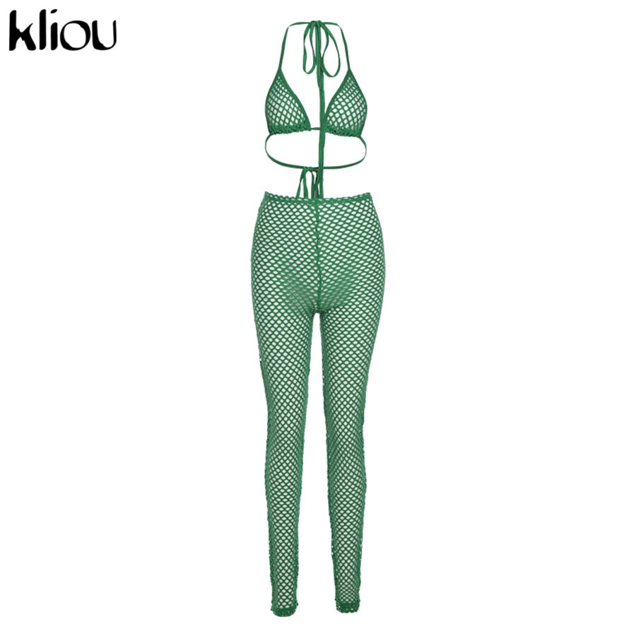 Kliou See Through Hollow Out Sexy Two Piece Set Women Summer Streetwear Fashion Skinny Sexy Sleeveless Halter Bikini Plaid Pants