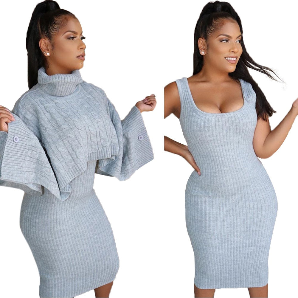 Echoine Winter Knitted Sweater Straped Dress Two Piece Set Short Turtleneck Sweater Jumper Pullovers Matching Set Party Outfits