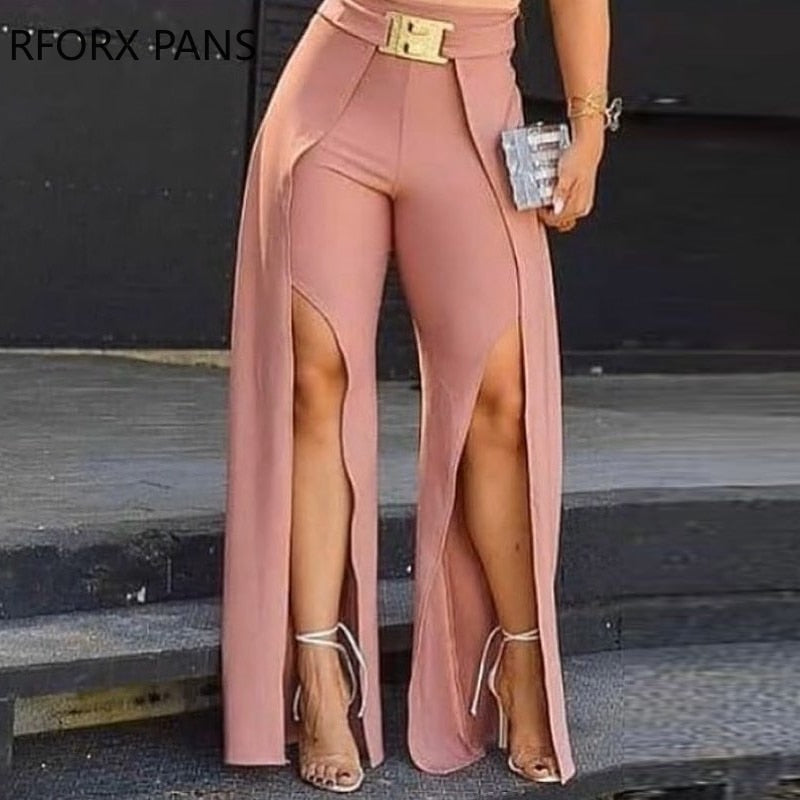 Women Solid Long Slit Pants With Belt Sexy Casual Pants Fashion Pants