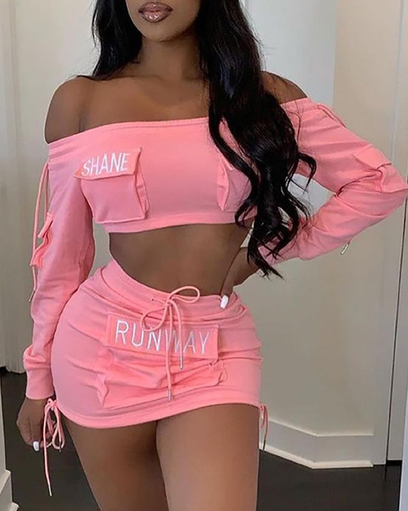 2021 new fashion women's pocket design letter word collar short jacket short skirt suit 2-piece set