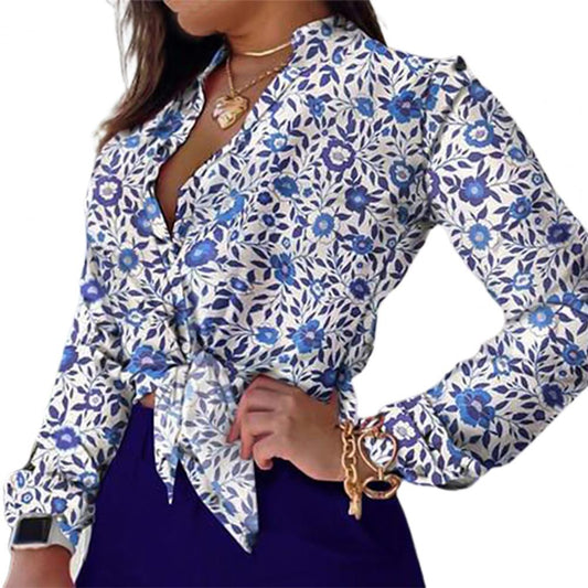 Elegant Office Lady Shirt Stand Collar Single-breasted Floral Print Long Sleeve Buttons Down Blouse for Spring/Summer