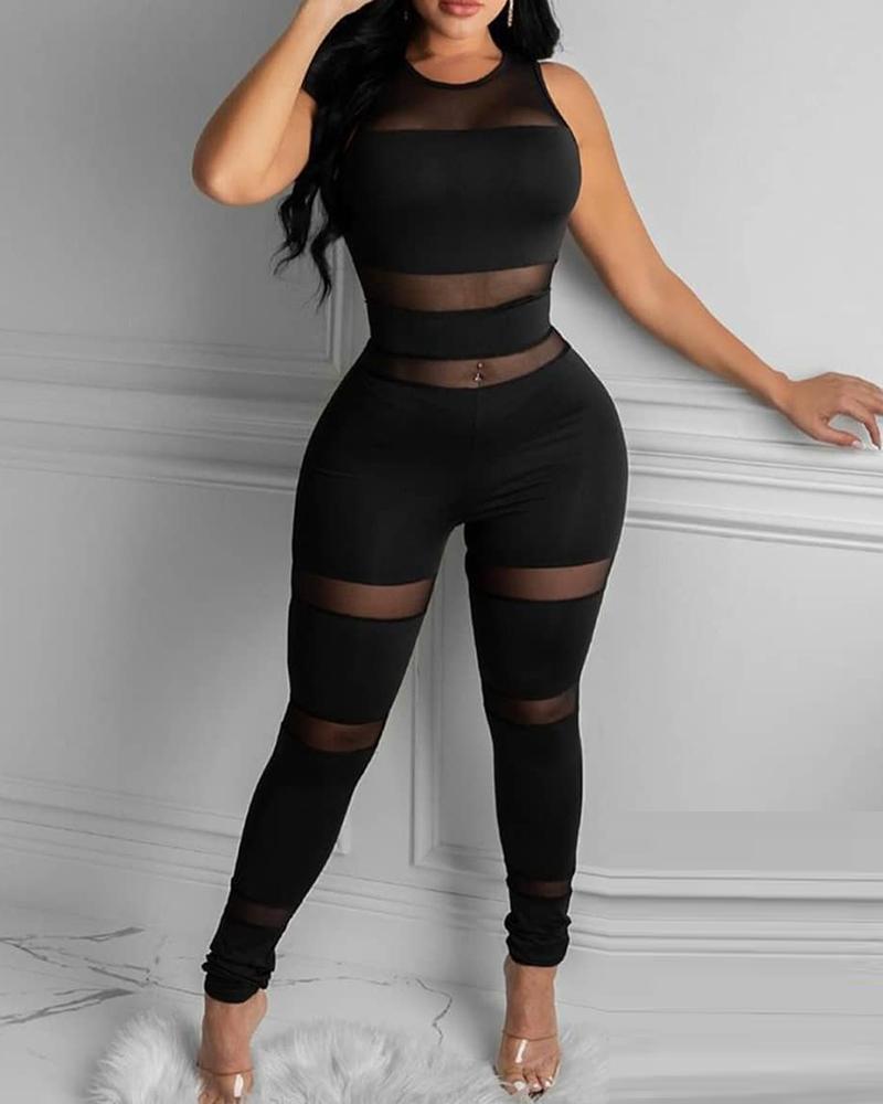 Elegant Casual Sheer Mesh Thick Strap Sleeveless Skinny Jumpsuit Solid Sexy Round Neck Party