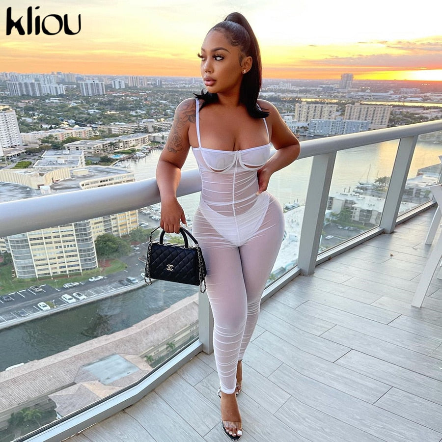 Kliou Y2K Sexy Camis Jumpsuit Women 2021 Mesh Solid Sleeveless Pleated Overall Female Skinny Party Clubwear Summer One Piece