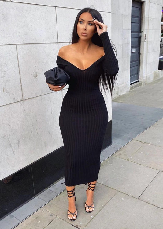 Women Autumn Solid Ribbed Maxi Knitted Dress V Neck Sexy Slim Elastic Basic Long Bodycon Dress Winter Off Shoulder White Dresses