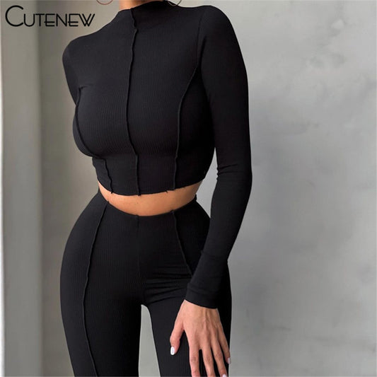 Cutenew Autumn Solid Two Piece Set Women's Outfits Half High Collar Long Sleeve Crop Top+Skinny Leggings Lady Casual Sporty Suit