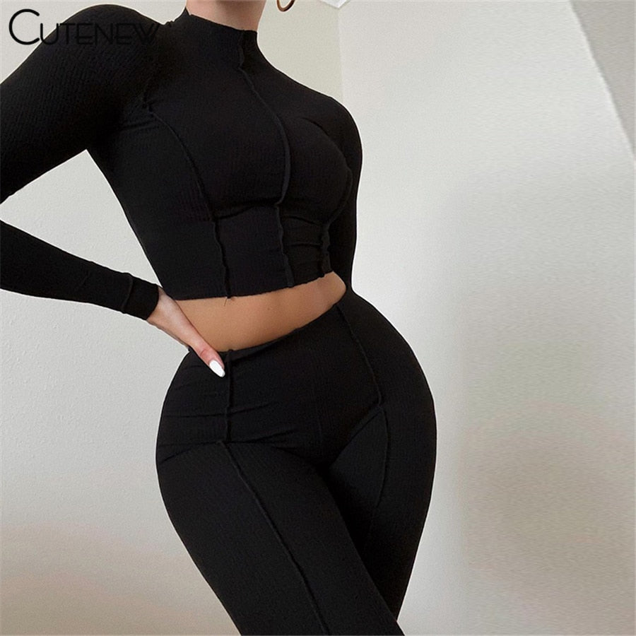 Cutenew Autumn Solid Two Piece Set Women's Outfits Half High Collar Long Sleeve Crop Top+Skinny Leggings Lady Casual Sporty Suit