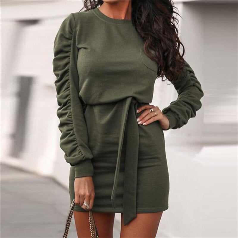 Summer Women High Waist Ruffled Sleeve Dresses Solid Color O Neck Fashion Casual Sweatshirt Dress Street Style Belt Pullovers