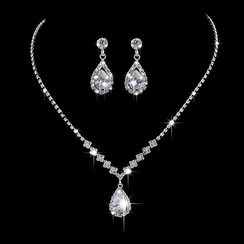 Water Drop Rhinestone Long Pendant Full Crystal Silver Plated Necklace & Earrings Elegant Bridal Wedding Jewelry Set