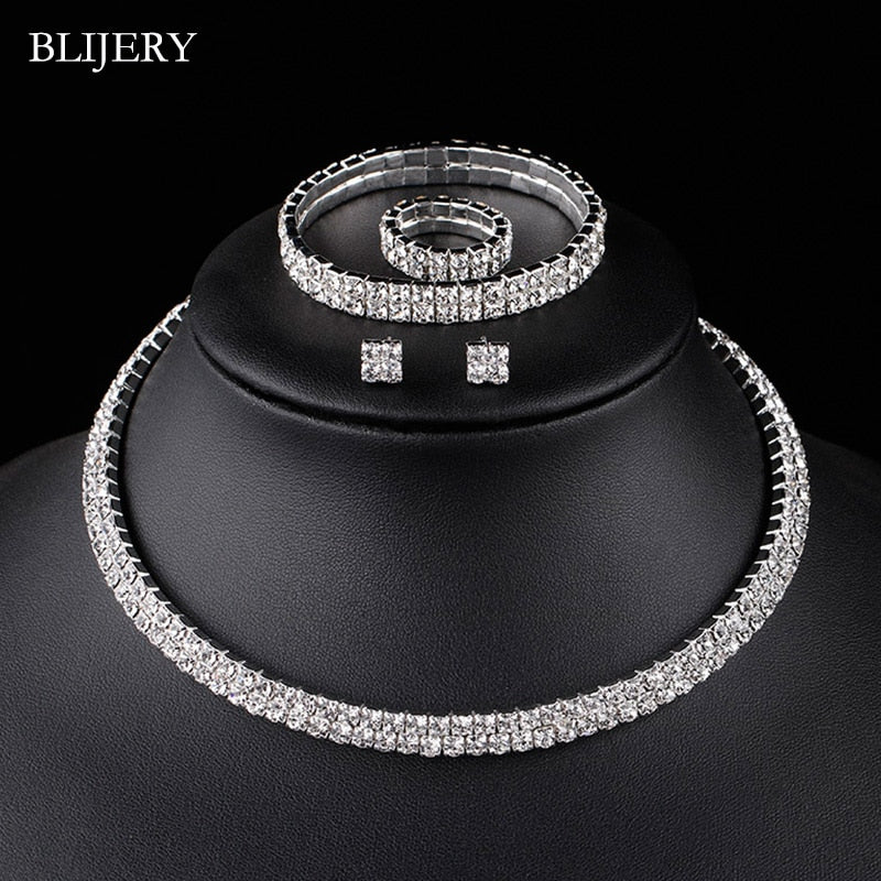 BLIJERY Fashion Crystal Bridal Jewelry Sets Silver Color Geometric Choker Necklace Earrings Bracelet Wedding Jewelry Sets