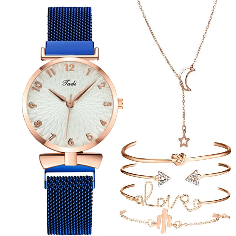 Luxury Women Watches 6pcs Set Elegant Female Wristwatches Magnetic Mesh Band Rose Woman Watch Bracelet montre femme reloj mujer