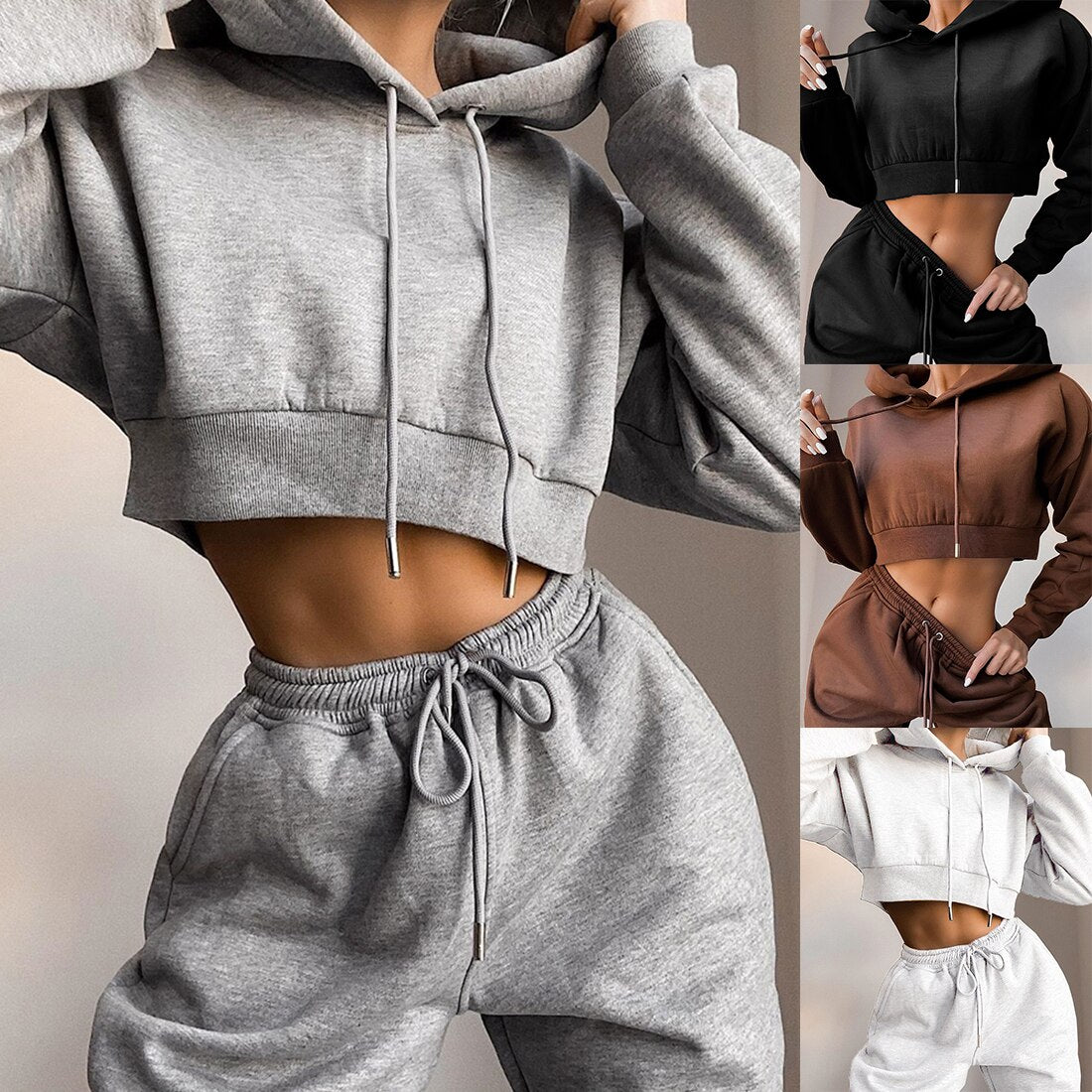 Casual Two Piece Set Hoodie Solid Color Short Tops And Long Pants Loose 2 Piece Set Women Fashion Sexy Sport Female Tracksuits