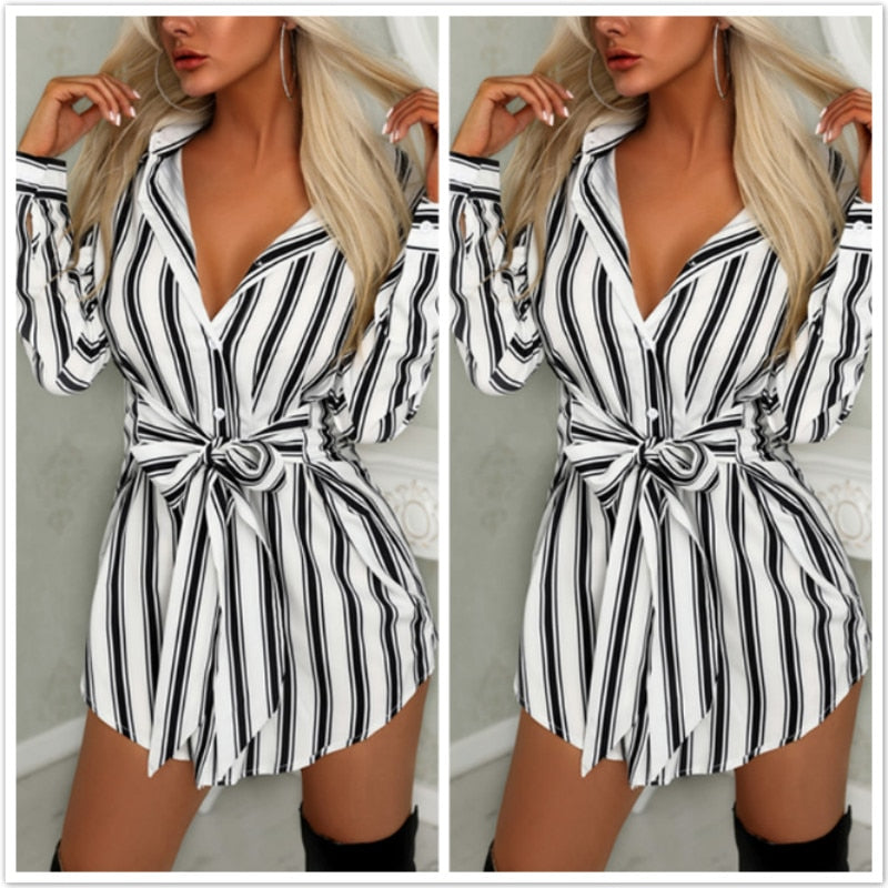 Women Fashion Long Sleeve Button Sexy Bandage Shirt Dress V-neck Stripe Print Summer Mini Dress Shirtdress