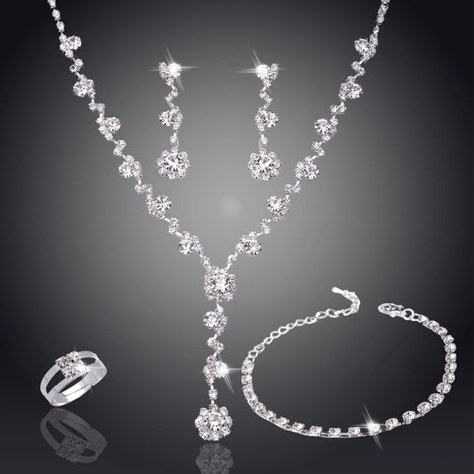 Silver Color Rhinestone Crystal Bridal Jewelry Set Earrings Necklace Wedding Geometric Elegant Romantic Bridesmaid Jewelry Sets