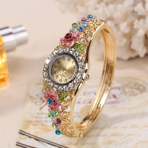 New Golden Luxury Bracelet Watch Lady Flower Design Alloy Band Elegant Women Wristwatch Crystal Female Dress Watch Reloj Mujer