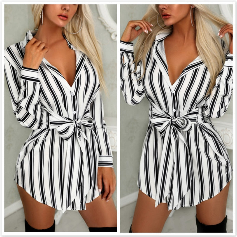 Women Fashion Long Sleeve Button Sexy Bandage Shirt Dress V-neck Stripe Print Summer Mini Dress Shirtdress