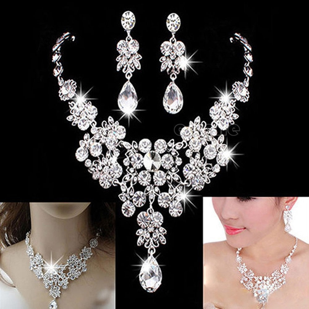 Wedding Bridal Formal Party Prom Jewelry Crystal Rhinestone Necklace Earring Set