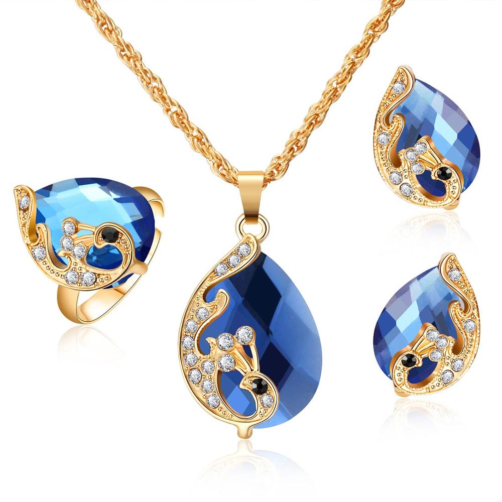 ZOSHI Wedding Jewelry Sets for Women Crystal Gold Chain Peacock Necklace Earrings Set Adjustable Rings 3pcs Jewelry Set