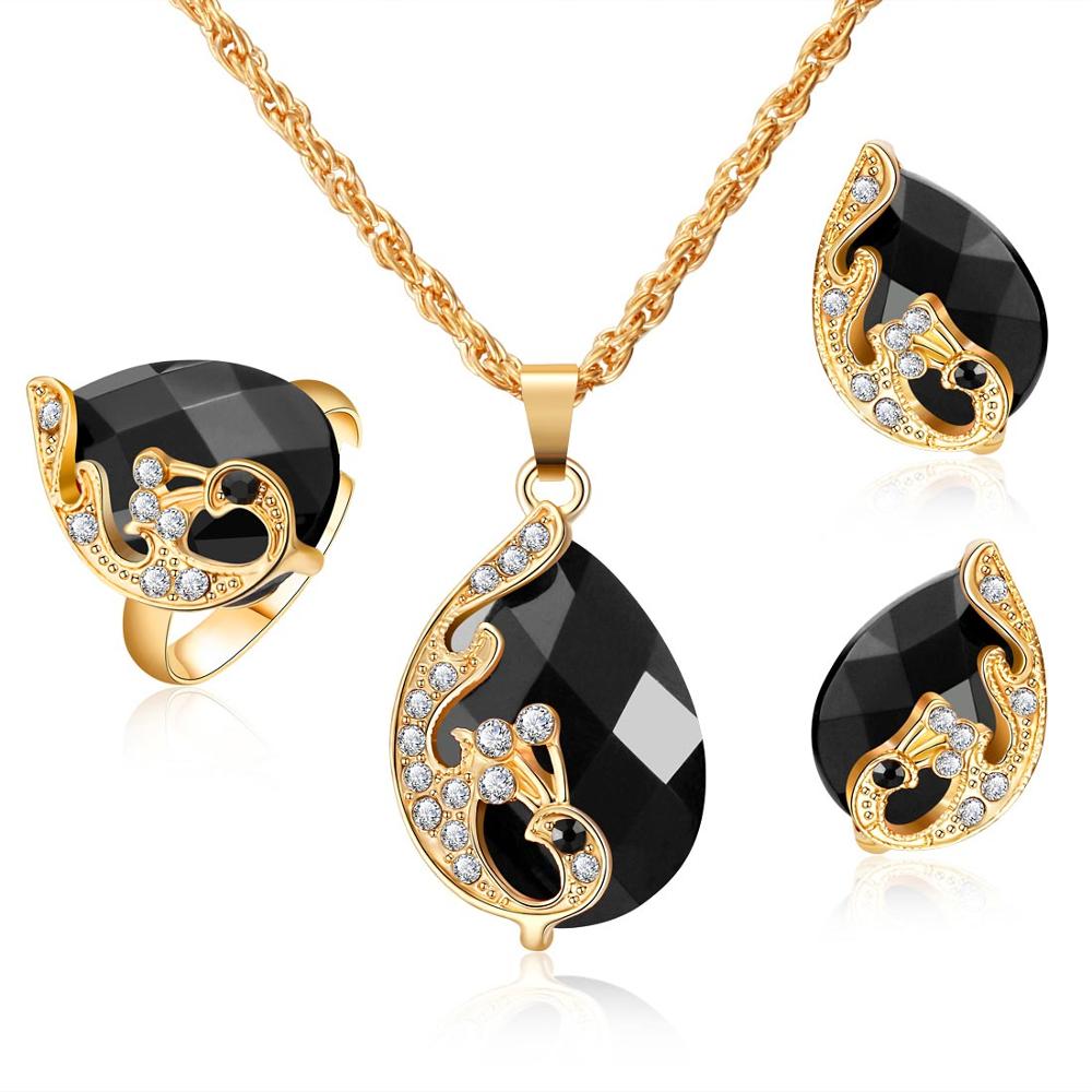 ZOSHI Wedding Jewelry Sets for Women Crystal Gold Chain Peacock Necklace Earrings Set Adjustable Rings 3pcs Jewelry Set